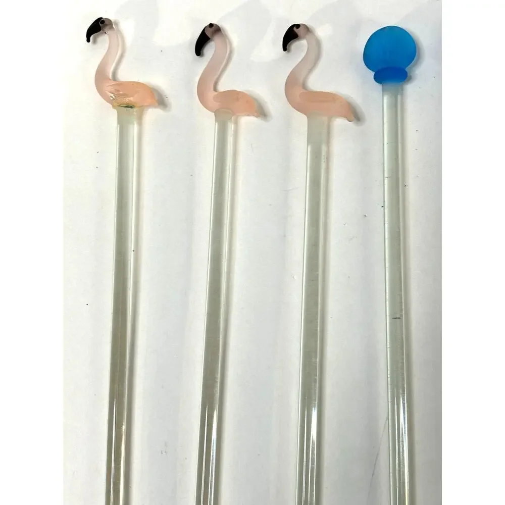 Set of 9 Hand Blown Glass Swizzle Sticks Cocktails Beach Flamingo Seashell Vntg